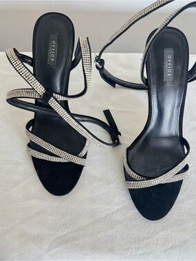 Offi Black Strappy Rhinestone Heel Sandals